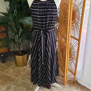 Tommy Hilfiger halter-neck casual midi. Black with white pinstripe, tie-waist,10